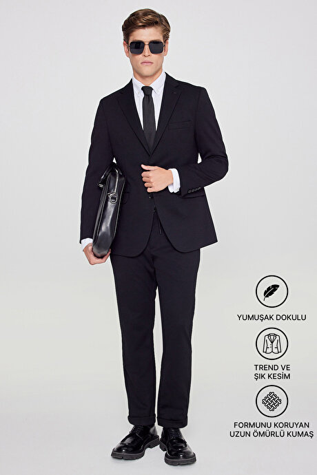 Slim Fit Dar Kesim Mono Yaka Beli Bağlamalı Kapak Cepli Esnek Siyah Takım Elbise resmi
