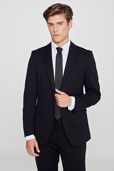 Slim Fit Dar Kesim Mono Yaka Beli Bağlamalı Kapak Cepli Esnek Siyah Takım Elbise resmi