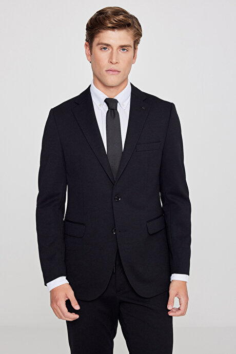 Slim Fit Dar Kesim Mono Yaka Beli Bağlamalı Kapak Cepli Esnek Siyah Takım Elbise resmi