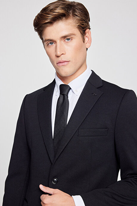 Slim Fit Dar Kesim Mono Yaka Beli Bağlamalı Kapak Cepli Esnek Siyah Takım Elbise resmi