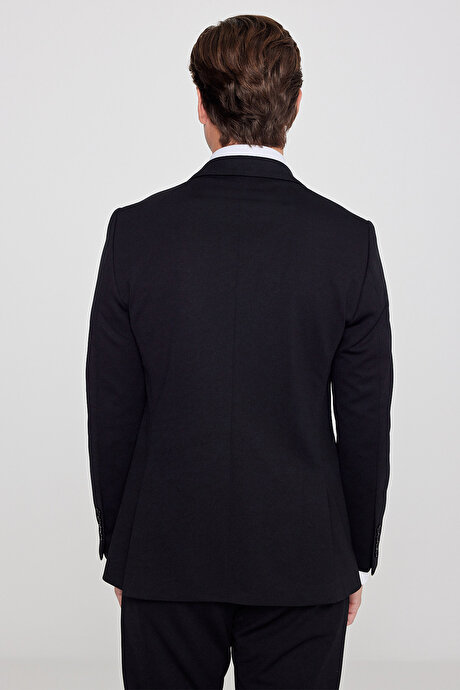 Slim Fit Dar Kesim Mono Yaka Beli Bağlamalı Kapak Cepli Esnek Siyah Takım Elbise resmi