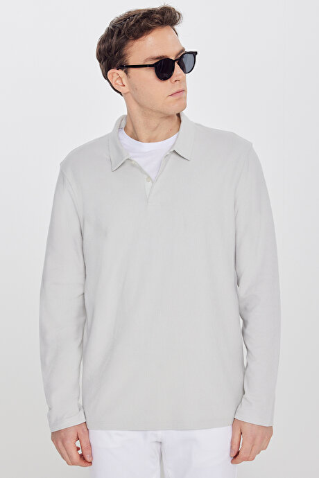 %100 Pamuk Slim Fit Dar Kesim Polo Yaka Jakarlı Triko Gri Uzun Kollu Tişört resmi