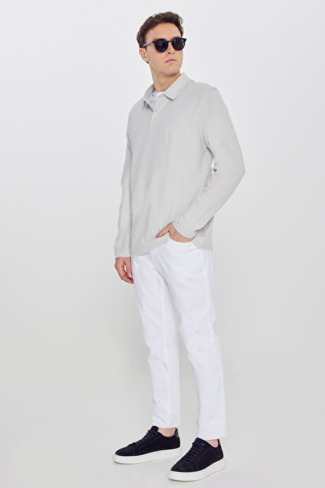 %100 Pamuk Slim Fit Dar Kesim Polo Yaka Jakarlı Triko Gri Uzun Kollu Tişört resmi