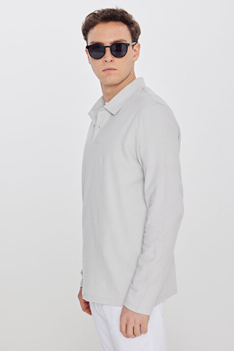 %100 Pamuk Slim Fit Dar Kesim Polo Yaka Jakarlı Triko Gri Uzun Kollu Tişört resmi