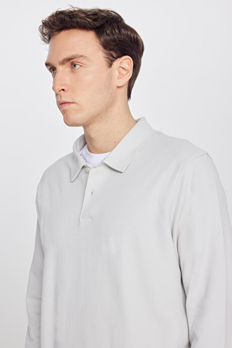 %100 Pamuk Slim Fit Dar Kesim Polo Yaka Jakarlı Triko Gri Uzun Kollu Tişört resmi