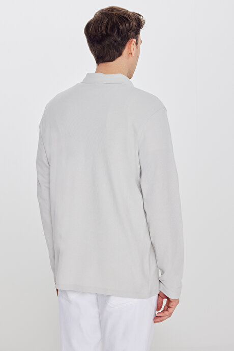 %100 Pamuk Slim Fit Dar Kesim Polo Yaka Jakarlı Triko Gri Uzun Kollu Tişört resmi