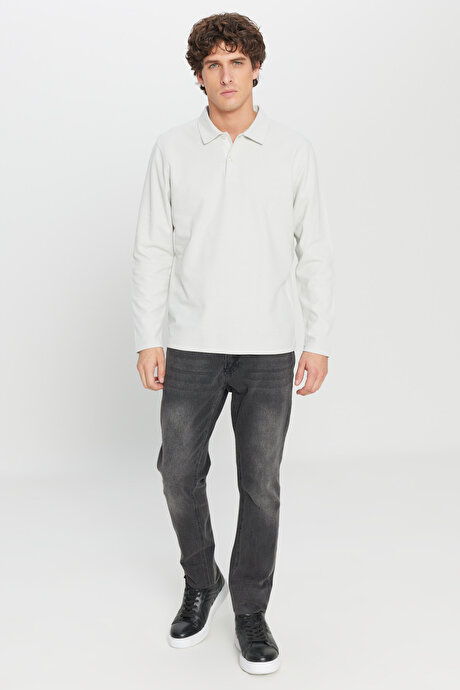 %100 Pamuk Slim Fit Dar Kesim Polo Yaka Jakarlı Triko Gri Tişört resmi