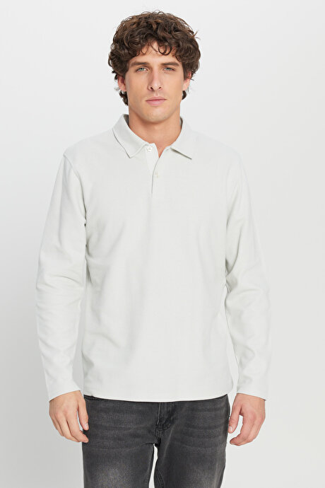 %100 Pamuk Slim Fit Dar Kesim Polo Yaka Jakarlı Triko Gri Tişört resmi