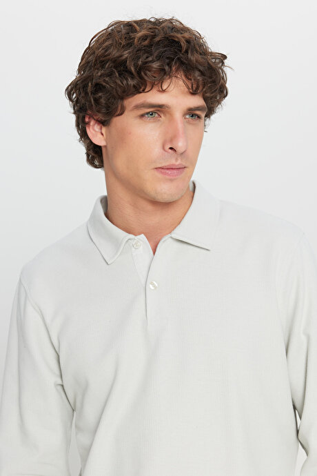 %100 Pamuk Slim Fit Dar Kesim Polo Yaka Jakarlı Triko Gri Tişört resmi