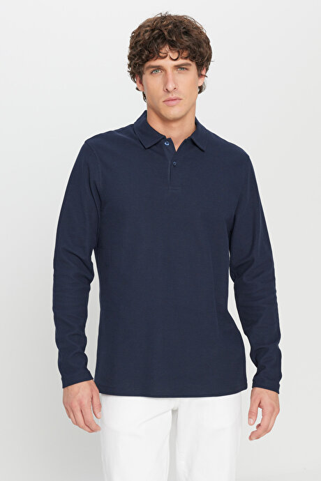 %100 Pamuk Slim Fit Dar Kesim Polo Yaka Jakarlı Triko Lacivert Tişört resmi