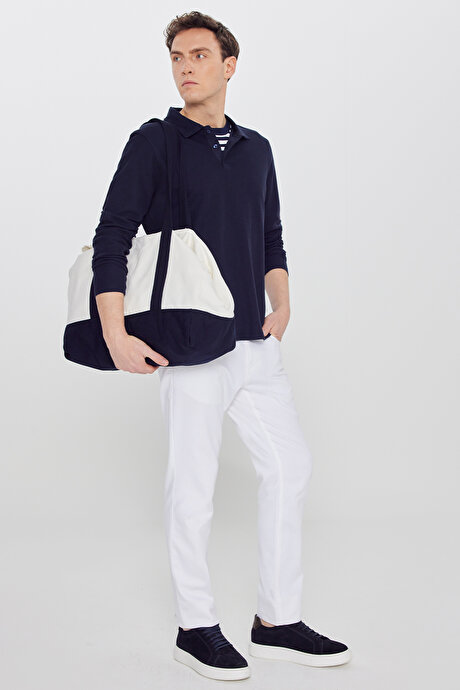 %100 Pamuk Slim Fit Dar Kesim Polo Yaka Jakarlı Triko Lacivert Uzun Kollu Tişört resmi