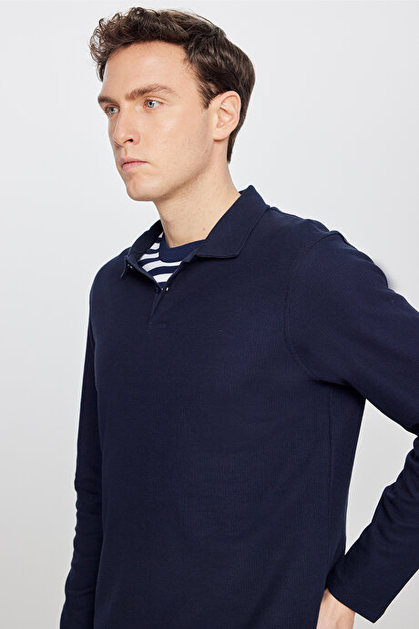 %100 Pamuk Slim Fit Dar Kesim Polo Yaka Jakarlı Triko Lacivert Uzun Kollu Tişört resmi