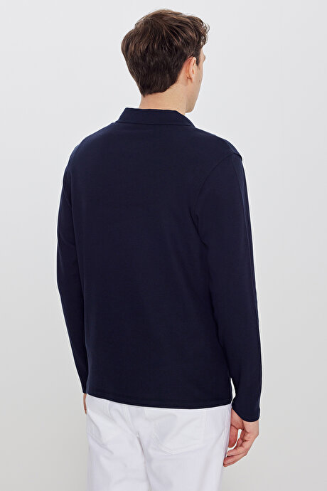 %100 Pamuk Slim Fit Dar Kesim Polo Yaka Jakarlı Triko Lacivert Uzun Kollu Tişört resmi