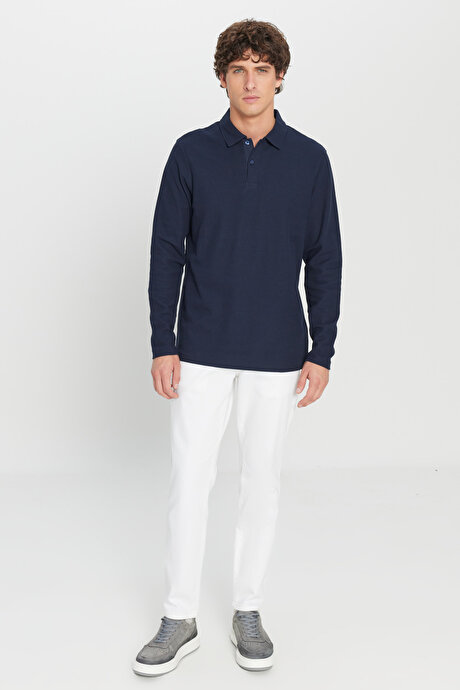 %100 Pamuk Slim Fit Dar Kesim Polo Yaka Jakarlı Triko Lacivert Tişört resmi