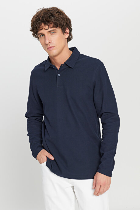 %100 Pamuk Slim Fit Dar Kesim Polo Yaka Jakarlı Triko Lacivert Tişört resmi