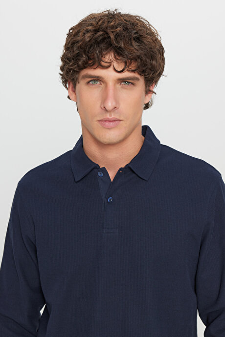 %100 Pamuk Slim Fit Dar Kesim Polo Yaka Jakarlı Triko Lacivert Tişört resmi