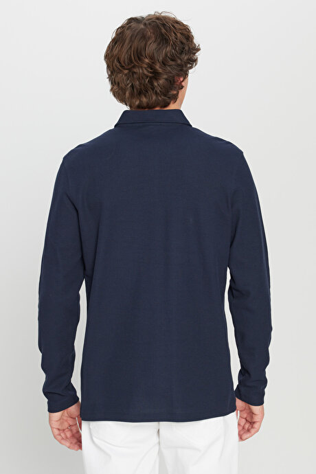 %100 Pamuk Slim Fit Dar Kesim Polo Yaka Jakarlı Triko Lacivert Tişört resmi