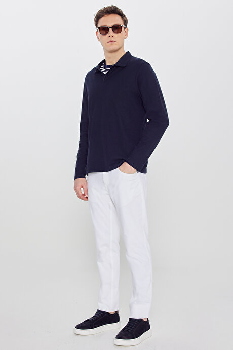 %100 Pamuk Slim Fit Dar Kesim Polo Yaka Jakarlı Triko Lacivert Uzun Kollu Tişört resmi