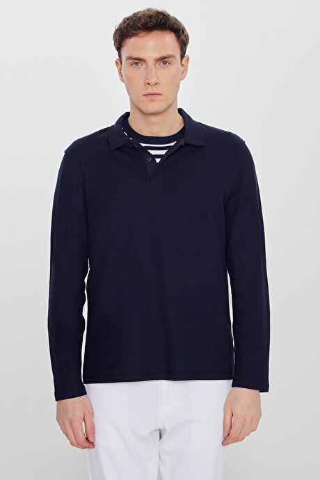 %100 Pamuk Slim Fit Dar Kesim Polo Yaka Jakarlı Triko Lacivert Uzun Kollu Tişört resmi