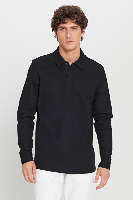 %100 Pamuk Slim Fit Dar Kesim Polo Yaka Jakarlı Triko Siyah Tişört resmi