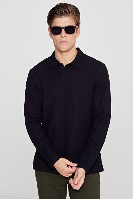 %100 Pamuk Slim Fit Dar Kesim Polo Yaka Jakarlı Triko Siyah Uzun Kollu Tişört resmi