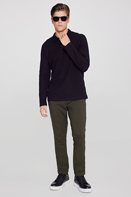 %100 Pamuk Slim Fit Dar Kesim Polo Yaka Jakarlı Triko Siyah Uzun Kollu Tişört resmi