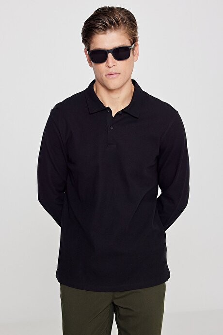 %100 Pamuk Slim Fit Dar Kesim Polo Yaka Jakarlı Triko Siyah Uzun Kollu Tişört resmi