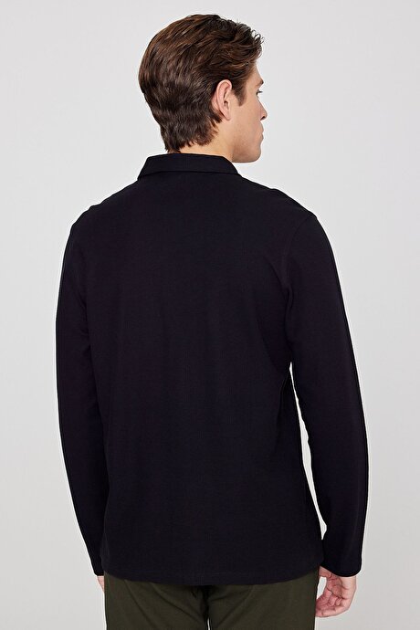 %100 Pamuk Slim Fit Dar Kesim Polo Yaka Jakarlı Triko Siyah Uzun Kollu Tişört resmi