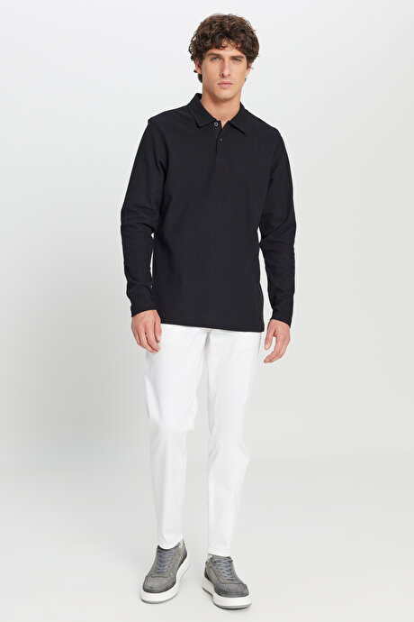 %100 Pamuk Slim Fit Dar Kesim Polo Yaka Jakarlı Triko Siyah Tişört resmi