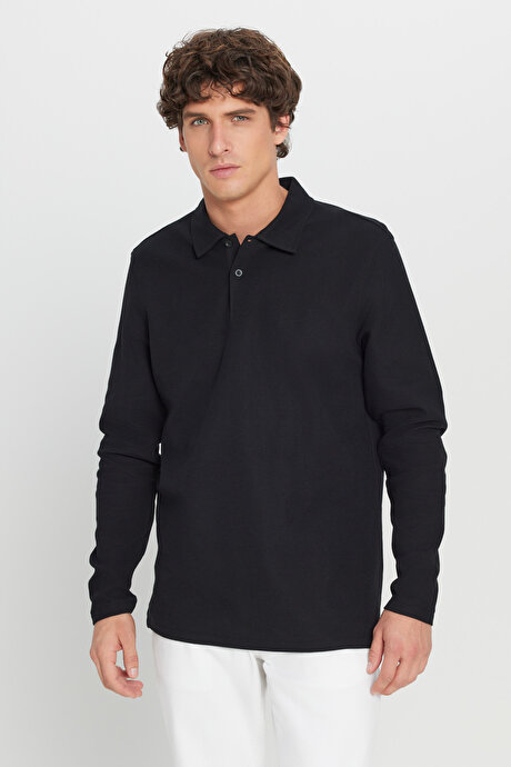 %100 Pamuk Slim Fit Dar Kesim Polo Yaka Jakarlı Triko Siyah Tişört resmi