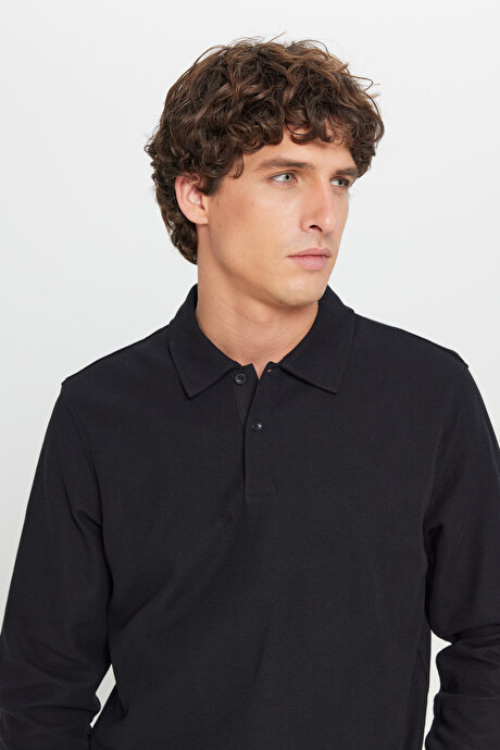 %100 Pamuk Slim Fit Dar Kesim Polo Yaka Jakarlı Triko Siyah Tişört resmi