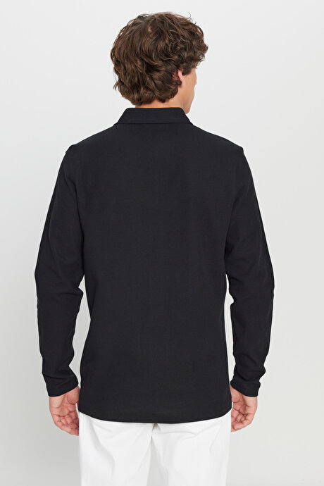 %100 Pamuk Slim Fit Dar Kesim Polo Yaka Jakarlı Triko Siyah Tişört resmi