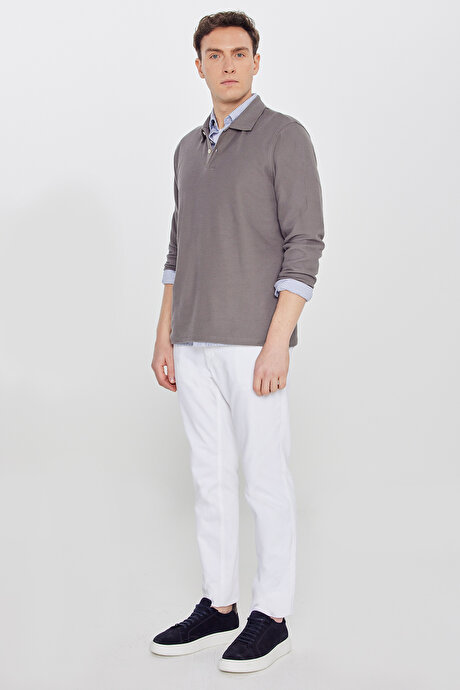 %100 Pamuk Slim Fit Dar Kesim Polo Yaka Jakarlı Triko Vizon Uzun Kollu Tişört resmi