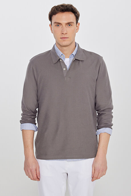 %100 Pamuk Slim Fit Dar Kesim Polo Yaka Jakarlı Triko Vizon Uzun Kollu Tişört resmi