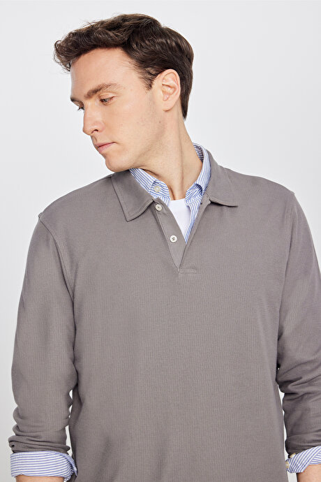 %100 Pamuk Slim Fit Dar Kesim Polo Yaka Jakarlı Triko Vizon Uzun Kollu Tişört resmi