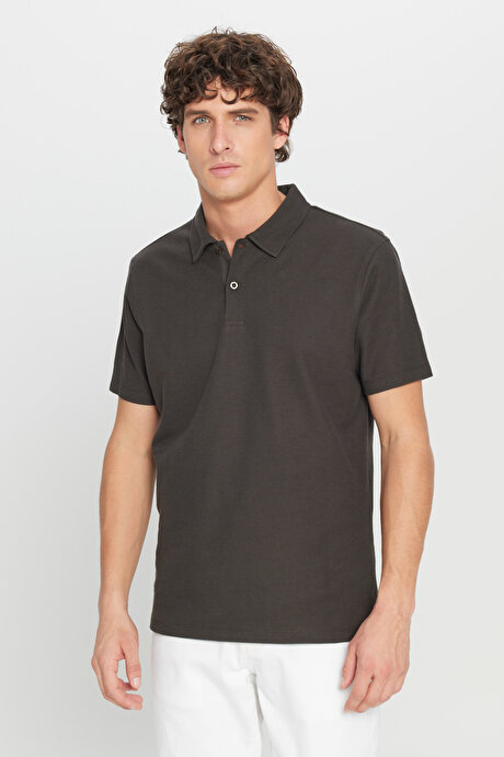 %100 Pamuk Slim Fit Dar Kesim Polo Yaka Jakarlı Triko Acı Kahve Tişört resmi