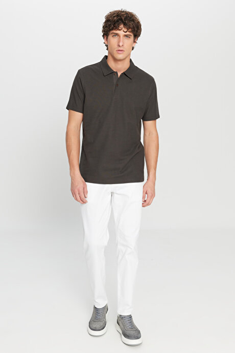 %100 Pamuk Slim Fit Dar Kesim Polo Yaka Jakarlı Triko Acı Kahve Tişört resmi