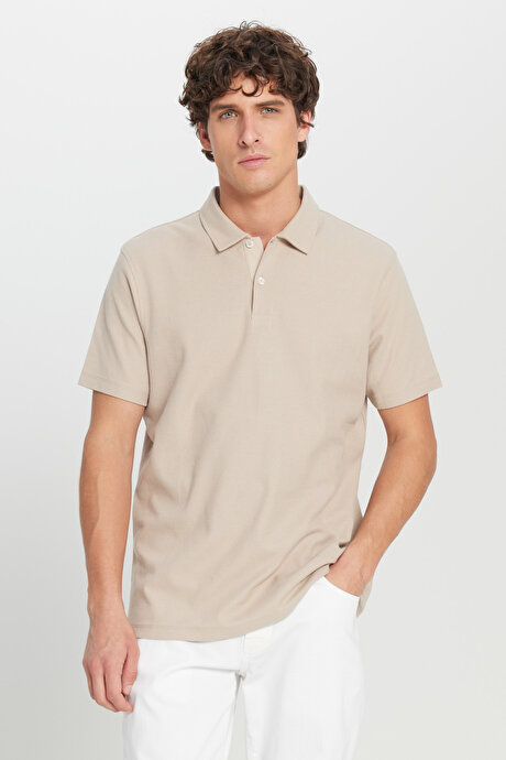%100 Pamuk Slim Fit Dar Kesim Polo Yaka Jakarlı Triko Bej Tişört resmi