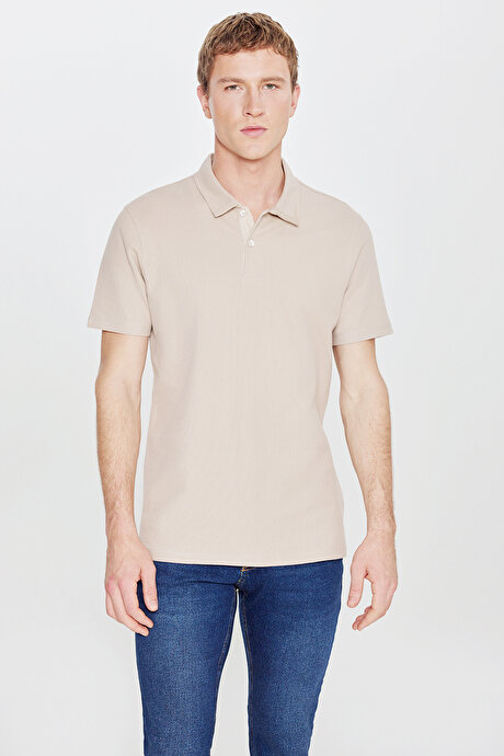 %100 Pamuk Slim Fit Dar Kesim Polo Yaka Jakarlı Triko Bej Tişört resmi