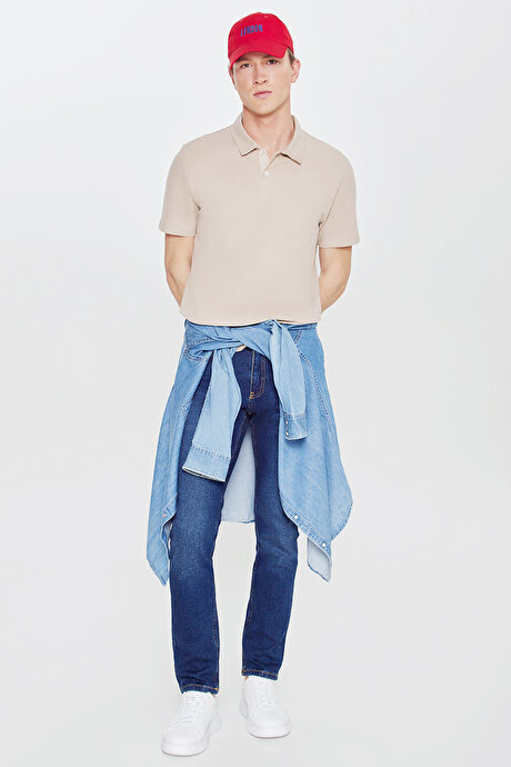 %100 Pamuk Slim Fit Dar Kesim Polo Yaka Jakarlı Triko Bej Tişört resmi