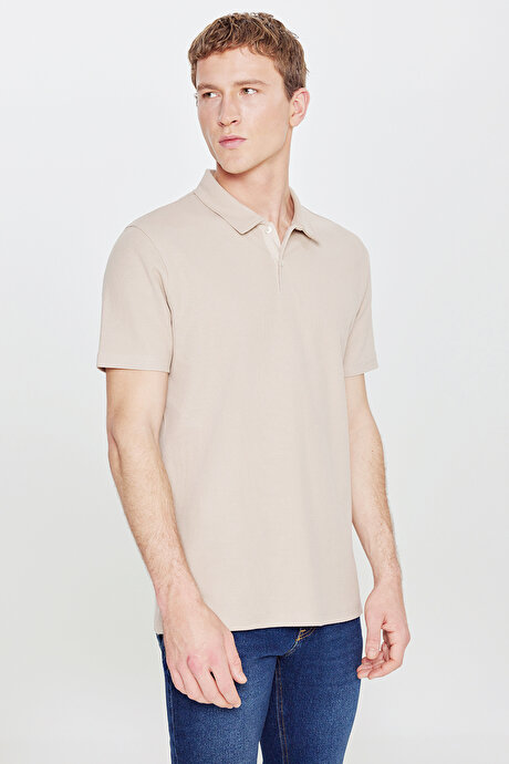 %100 Pamuk Slim Fit Dar Kesim Polo Yaka Jakarlı Triko Bej Tişört resmi