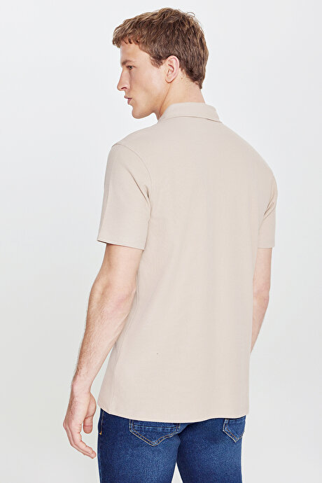 %100 Pamuk Slim Fit Dar Kesim Polo Yaka Jakarlı Triko Bej Tişört resmi