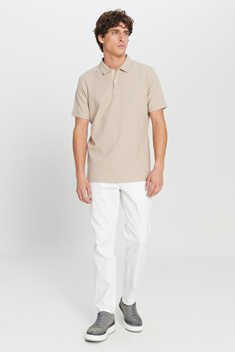 %100 Pamuk Slim Fit Dar Kesim Polo Yaka Jakarlı Triko Bej Tişört resmi