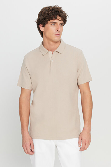 %100 Pamuk Slim Fit Dar Kesim Polo Yaka Jakarlı Triko Bej Tişört resmi