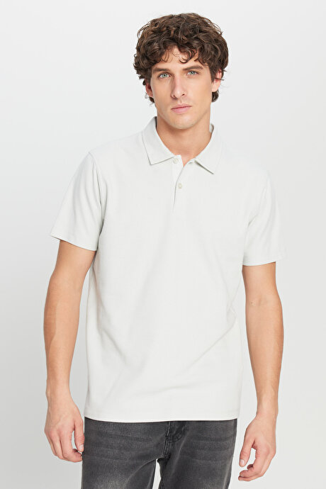 %100 Pamuk Slim Fit Dar Kesim Polo Yaka Jakarlı Triko Gri Tişört resmi