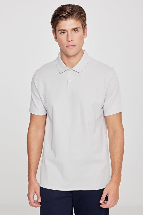 %100 Pamuk Slim Fit Dar Kesim Polo Yaka Jakarlı Triko Gri Tişört resmi