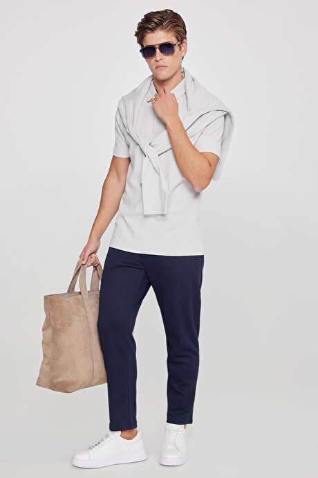 %100 Pamuk Slim Fit Dar Kesim Polo Yaka Jakarlı Triko Gri Tişört resmi