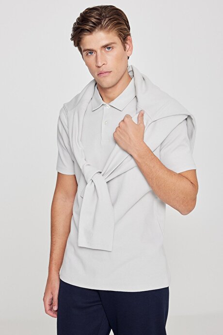 %100 Pamuk Slim Fit Dar Kesim Polo Yaka Jakarlı Triko Gri Tişört resmi