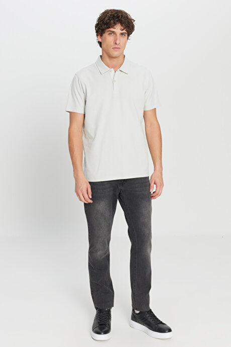 %100 Pamuk Slim Fit Dar Kesim Polo Yaka Jakarlı Triko Gri Tişört resmi