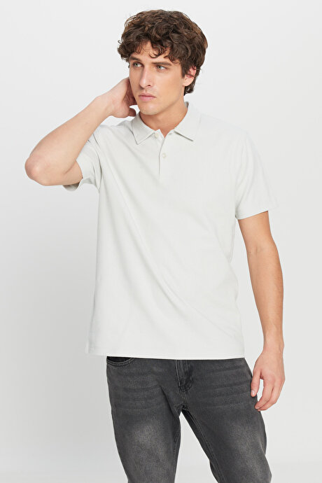 %100 Pamuk Slim Fit Dar Kesim Polo Yaka Jakarlı Triko Gri Tişört resmi